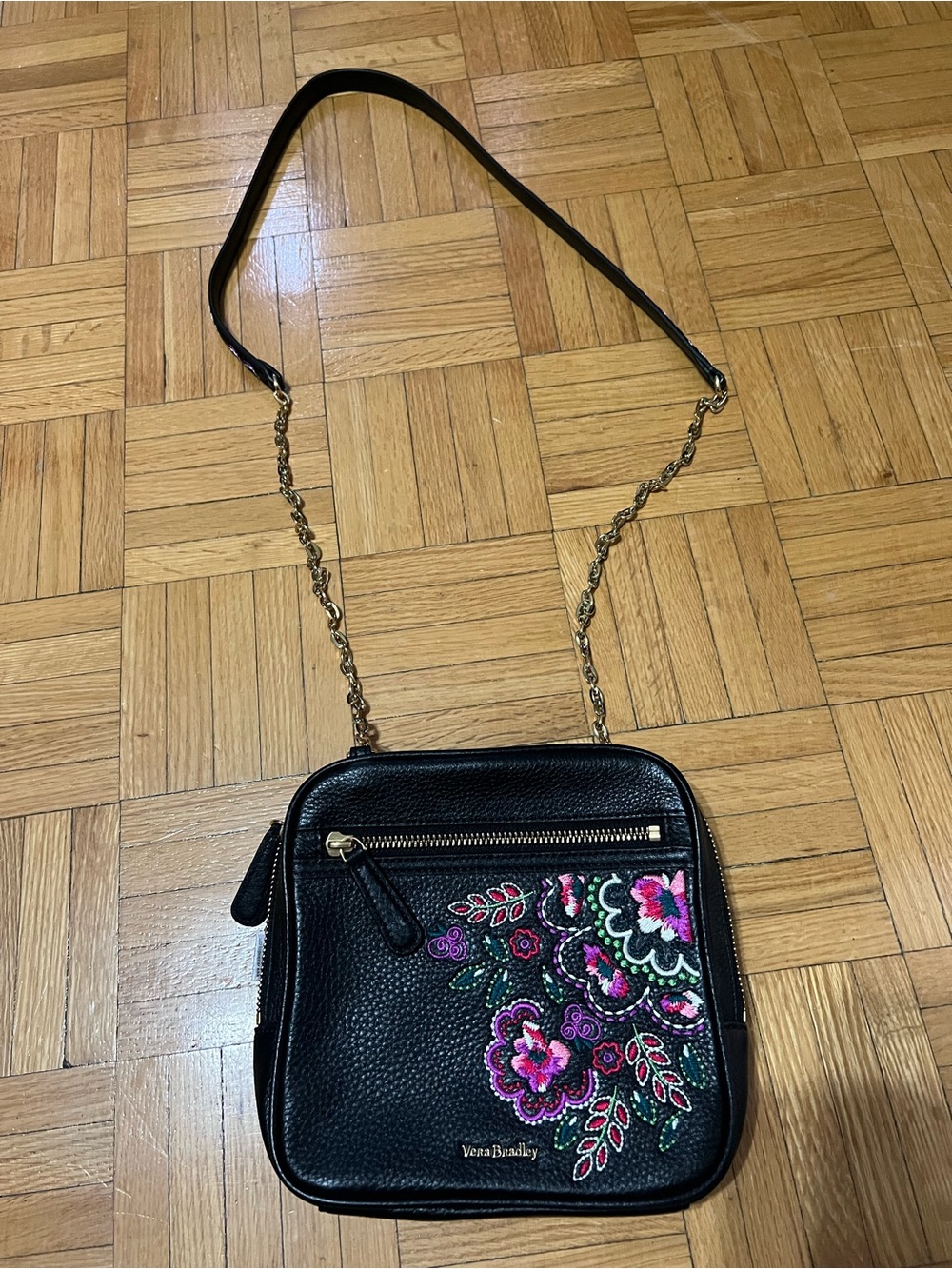 Vera Bradley Black Crossbody with Pink & Purple Floral Embroidery